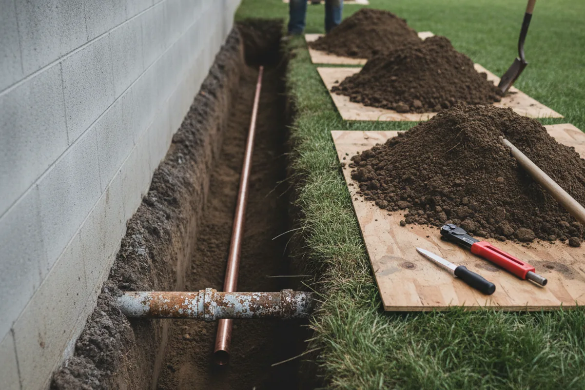 Excavated water line trench during Sewer Line Repair in Mahomet